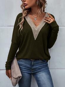 SHEIN LUNE Guipure Ren tương phản tay cánh Áo thun - xanh quân đội - Xem 5