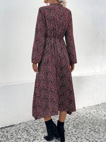 SHEIN Clasi Ditsy Floral Print Lantern Sleeve Dress - Black - View 2