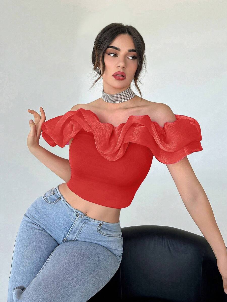 Aloruh Off Shoulder Red Casual Women's Shirt - Red - View 1