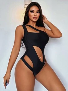Swim SXY 純色中空性感泳衣連體衣 - 黑色 - 查看 5