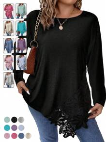 Calvaya 大码女式蕾丝拼接不对称下摆 T 恤 - 黑色 - 查看 1