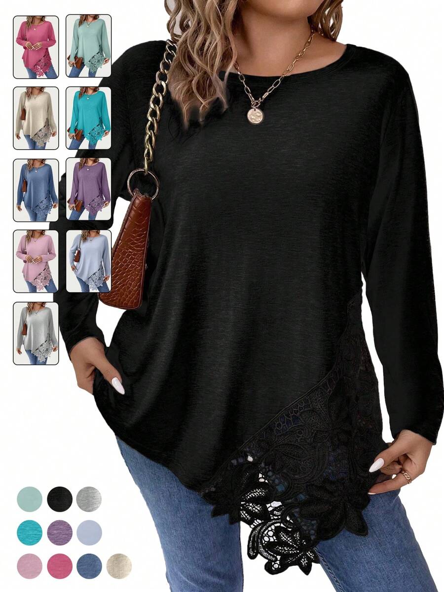 Calvaya 大码女式蕾丝拼接不对称下摆 T 恤 - 黑色 - 查看 1