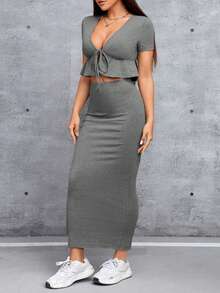 SHEIN PETITE Của phụ nữ Gợi cảm 2 Miếng Bộ - Xám - Xem 3