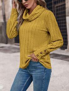 SHEIN LUNE Cowl Neck Long Sleeve Buttoned Ribbed Tee - Mustard Yellow - View 6