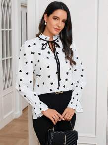 SHEIN Clasi Women's Heart Patterned Frill Collar Shirt - Black and White - View 1