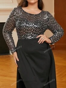 Plus Size Sequined Mesh Contrast Double-Layered Hem Evening Dress