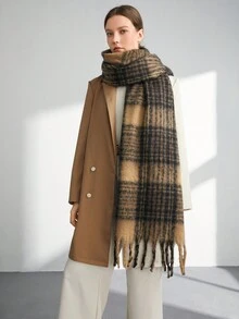 BizChic 1入組時尚濃烈香調格紋基本款通勤圍巾適用於秋天和冬天 - 卡其色 - 查看 6