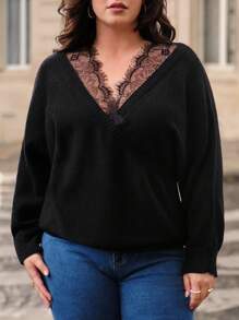 SHEIN Frenchy 大尺碼蕾絲拼接 V 領套頭毛衣 - 黑色 - 查看 6
