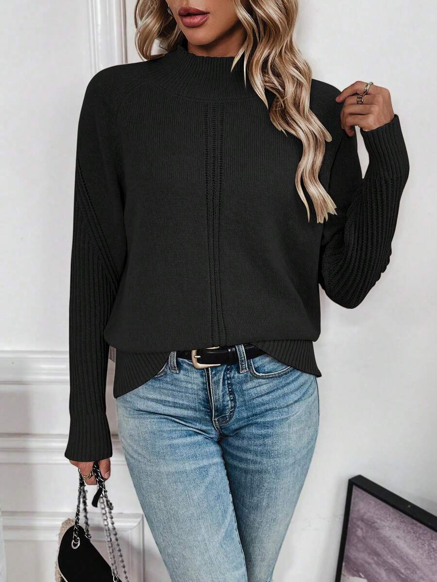 SHEIN Essnce 女款秋冬簡約百搭高領毛衣 - 黑色 - 查看 1