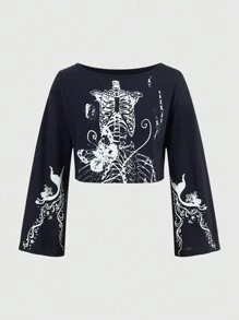 ROMWE Fairycore Lässiges Oversize T-Shirt mit Skelett-Meerjungfrau Muster und Trompetenärmeln