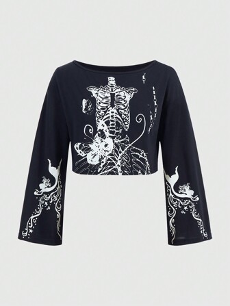 Fairycore Camiseta informal con estampado de esqueleto y cola de sirena, mangas acampanadas