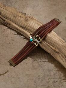 ROMWE Hippie 1pc Vintage Creative Style Multi-layer Braided Pu Leather Chain Bracelet With Rhinestone Butterfly Decoration - Coffee Brown - View 4