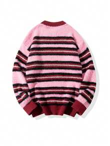 Men's Striped Colorblocked Round Neck Drop Shoulder Sleeve Winter Sweater - Pink - View 2