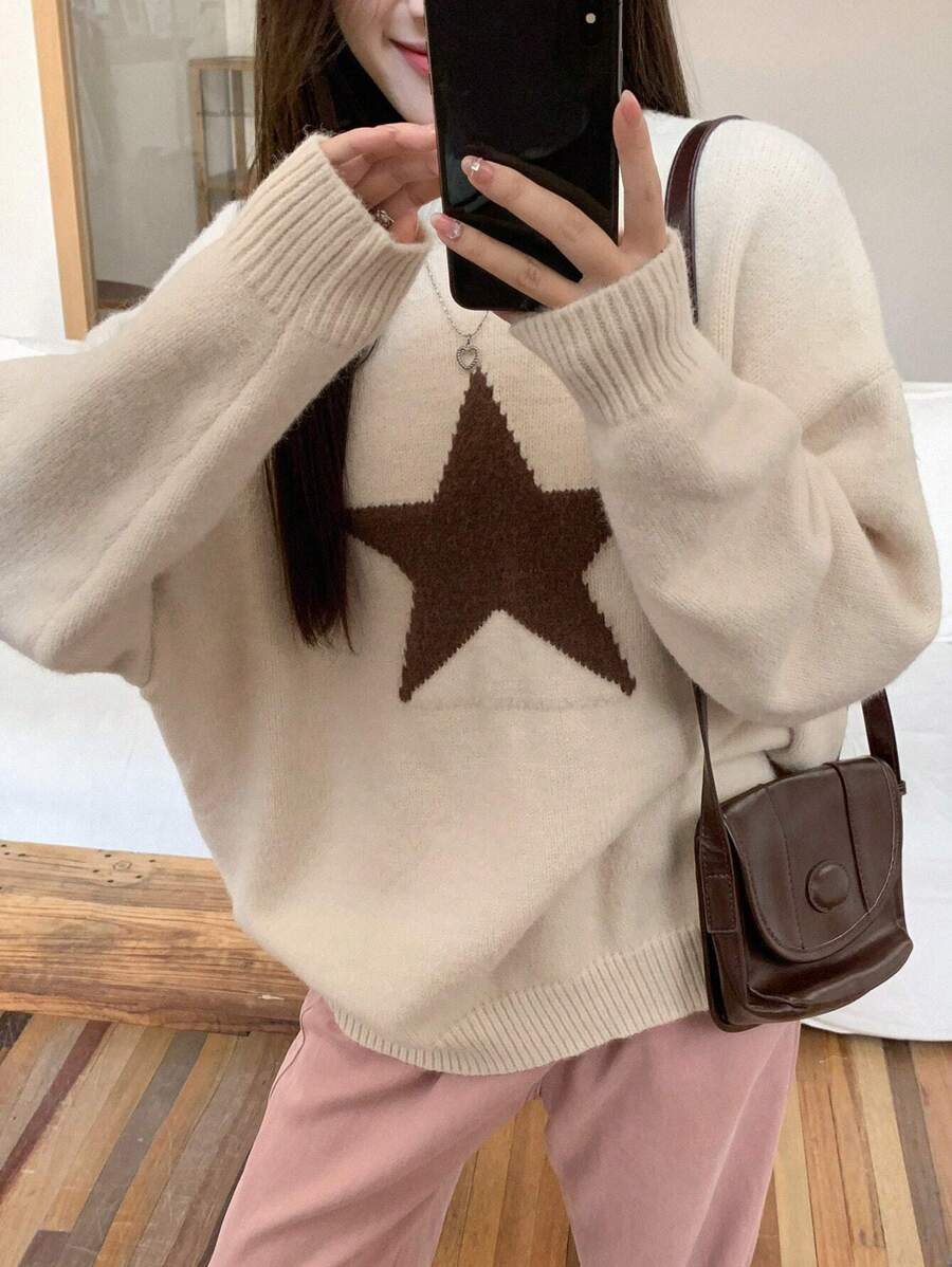 DAZY 星星图案落肩超大毛衣 Y2K、长袖上衣、秋装 - 杏色 - 查看 1