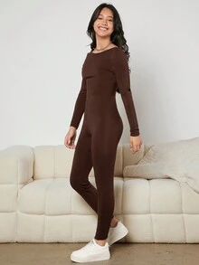 Teenage Girls' Knitted Plain Jumpsuit With U-Neck And Back - Brown - View 5