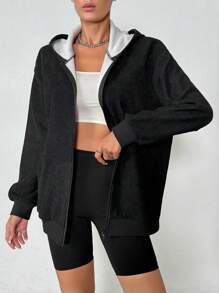 SHEIN Essnce Của phụ nữ Dây kéo Khép kín Lông cừu Áo nỉ - màu đen - Xem 3