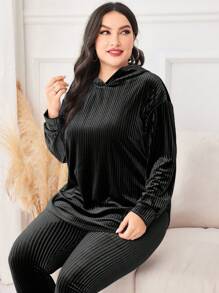 Mulvari Conjunto De Dos Piezas Con Capucha De Diseño De Costillas Acanalado De Color Sólido De Talla Grande - Negro - Ver 5