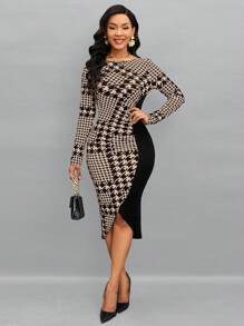 SHEIN Lady 女士千鸟格印花长袖圆领修身优雅办公室通勤连衣裙，春秋装 - 棕色 - 查看 5