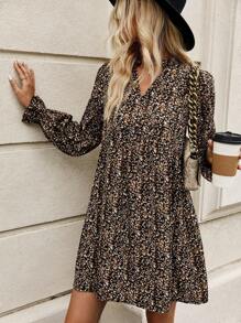 EMERY ROSE Allover Print Flounce Sleeve Smock Dress Fall Cloth For Women - Multicolor - View 6