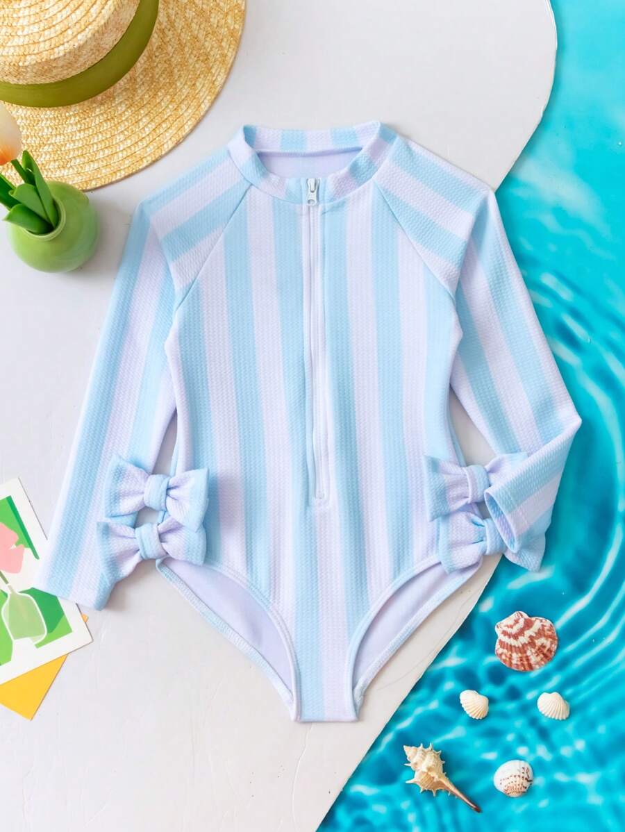 Young Girl Striped Zipper Front One Piece Swimsuit - Blue and White - View 1