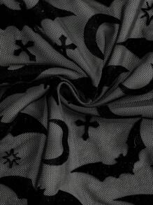 ROMWE Goth Women's Bat Sleeve Printed Mesh Top - Black - View 3