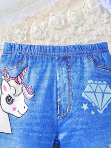 Baby Girls' Unicorn And Letter Pattern Denim Effect Leggings - Royal Blue - View 3
