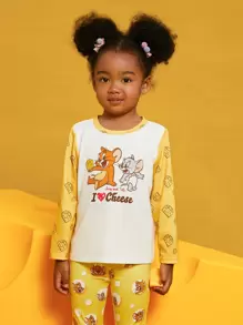 TOM & JERRY X SHEIN Young Girl Cartoon Printed T-Shirt - Yellow - View 1
