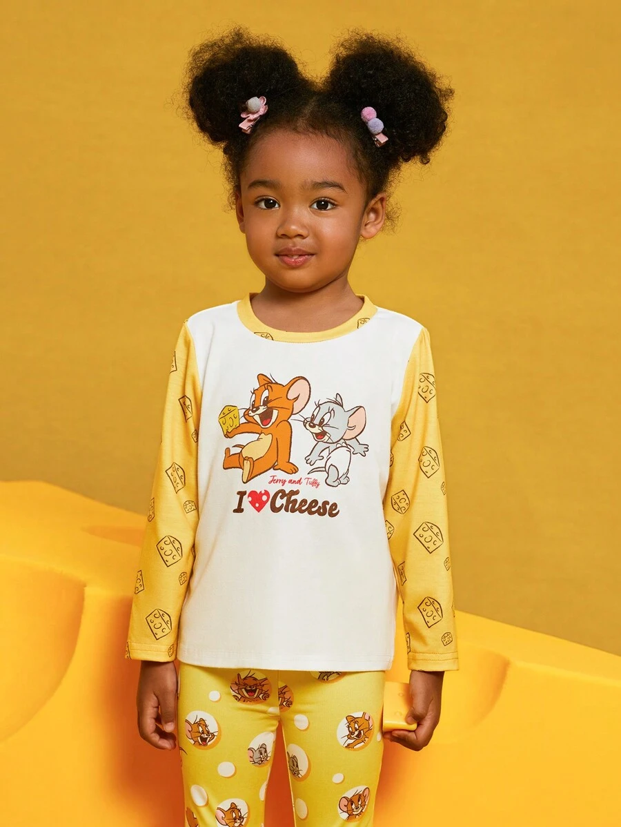 TOM & JERRY X SHEIN Young Girl Cartoon Printed T-Shirt - Yellow - View 1
