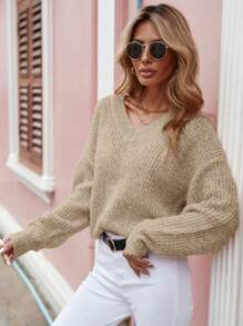 SHEIN LUNE Cổ v Thả vai Áo len - Màu Khaki - Xem 7