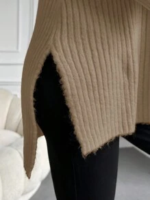 EURMUSE High Neck Drop Shoulder Slit Hem Sweater - Camel - View 5