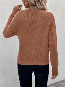 SHEIN LUNE Suéter de punto con caída de hombros de unicolor para mujer, para otoño e invierno - Café integral - Ver 2
