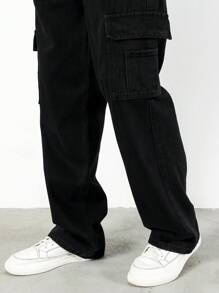 Claim Dot Men Cotton Embroidery Flap Pockets Cargo Jeans - Black - View 6