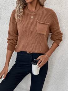 SHEIN LUNE Suéter de punto con caída de hombros de unicolor para mujer, para otoño e invierno - Café integral - Ver 5