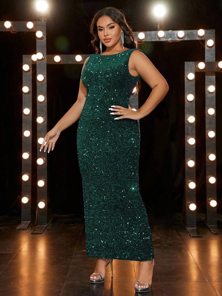 Plus Size Women's Backless Sequin Dress - Green - View 1