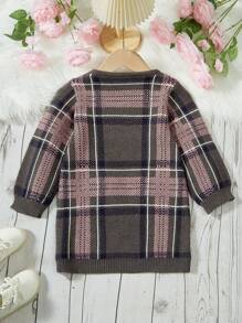 SHEIN Toddler Girls' Plaid Jacquard Double Pocket Round Neck Sweater Dress