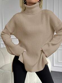 EURMUSE High Neck Drop Shoulder Slit Hem Sweater - Camel - View 4