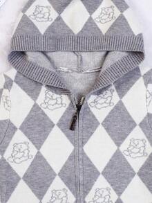 Baby Boys' Cartoon & Diamond Pattern Hooded Cardigan With Zipper - Grey - View 6