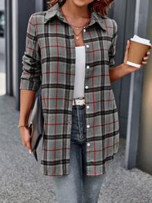 SHEIN LUNE 格紋前扣衬衫 - 灰色 - 查看 1