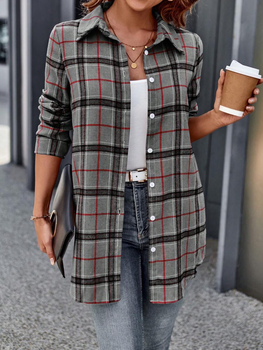 SHEIN LUNE 格紋前扣衬衫 - 灰色 - 查看 1