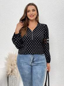 SHEIN LUNE Plus Size Polka Dot Puff Sleeve Shirt - Black and White - View 8