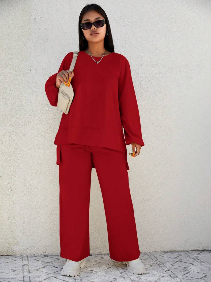 SHEIN Cottnline 大尺碼女士圓領燈籠袖寬鬆t恤和寬腿褲2件套裝 - 紅色 - 查看 1