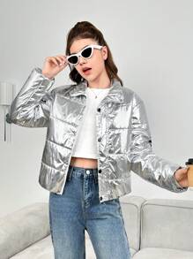 Teen Girls' Single-breasted Word Printed Overcoat With Button & Stitch Details For Warmth - Silver - View 4