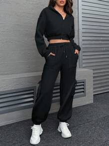 SHEIN Unity Của phụ nữ Dây kéo mặt trước Hoodie Và Eo dây rút Quần Cargo Bộ - màu đen - Xem 5