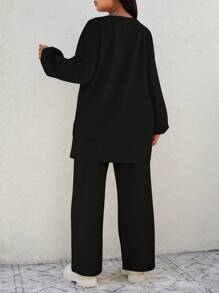 EURMUSE Plus Size Solid Color Asymmetrical Hem Top And Loose Pants 2pcs/Set - Black - View 2