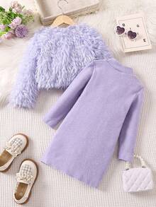 SHEIN Cô Gái Trẻ Nhung áo Và Màu thuần Đầm Hai chiếc Bộ - Màu tím - Xem 2
