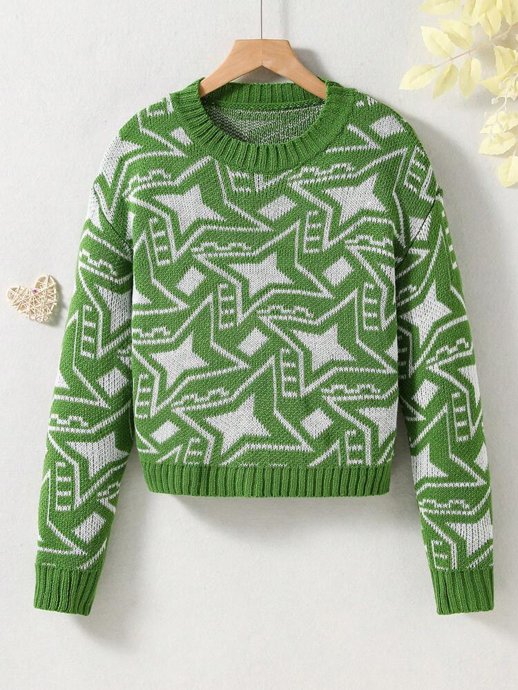 Tween Girl Star Pattern Drop Shoulder Sweater