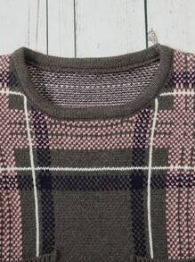 SHEIN Toddler Girls' Plaid Jacquard Double Pocket Round Neck Sweater Dress