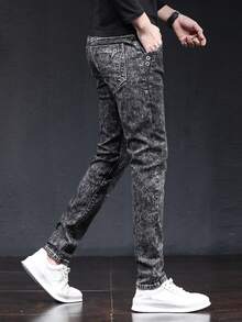 男士修身版型雪花圖案細身牛仔褲配腳踝拉鍊 - 灰色 - 查看 4