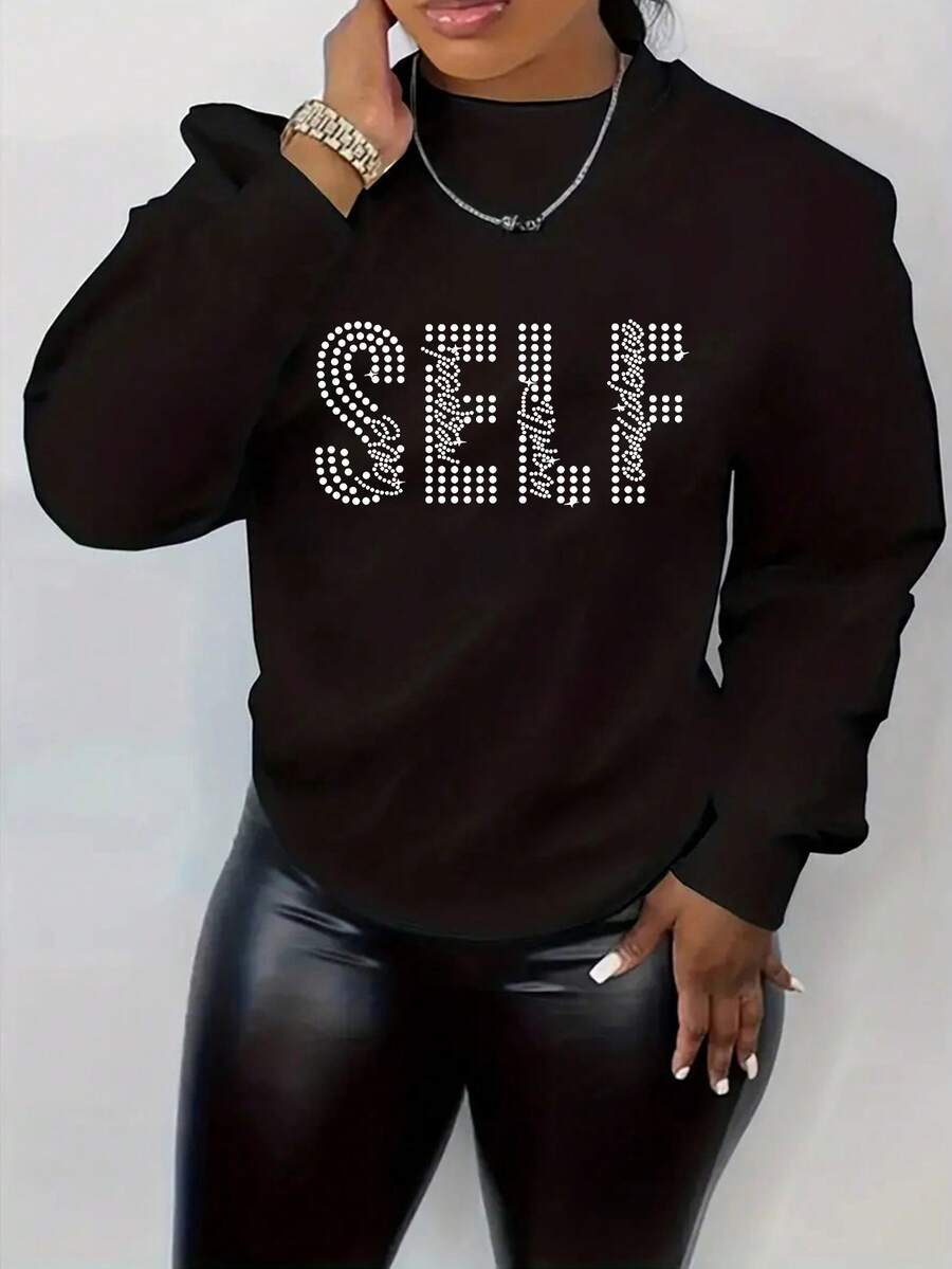 INAWLY Letter Graphic Drop Shoulder Sweatshirt - Black - View 1