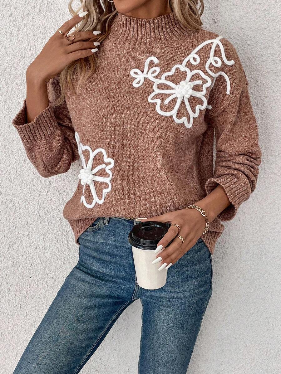 SHEIN LUNE Quý cô Mô hình hoa Áo len - trái cam - Xem 1